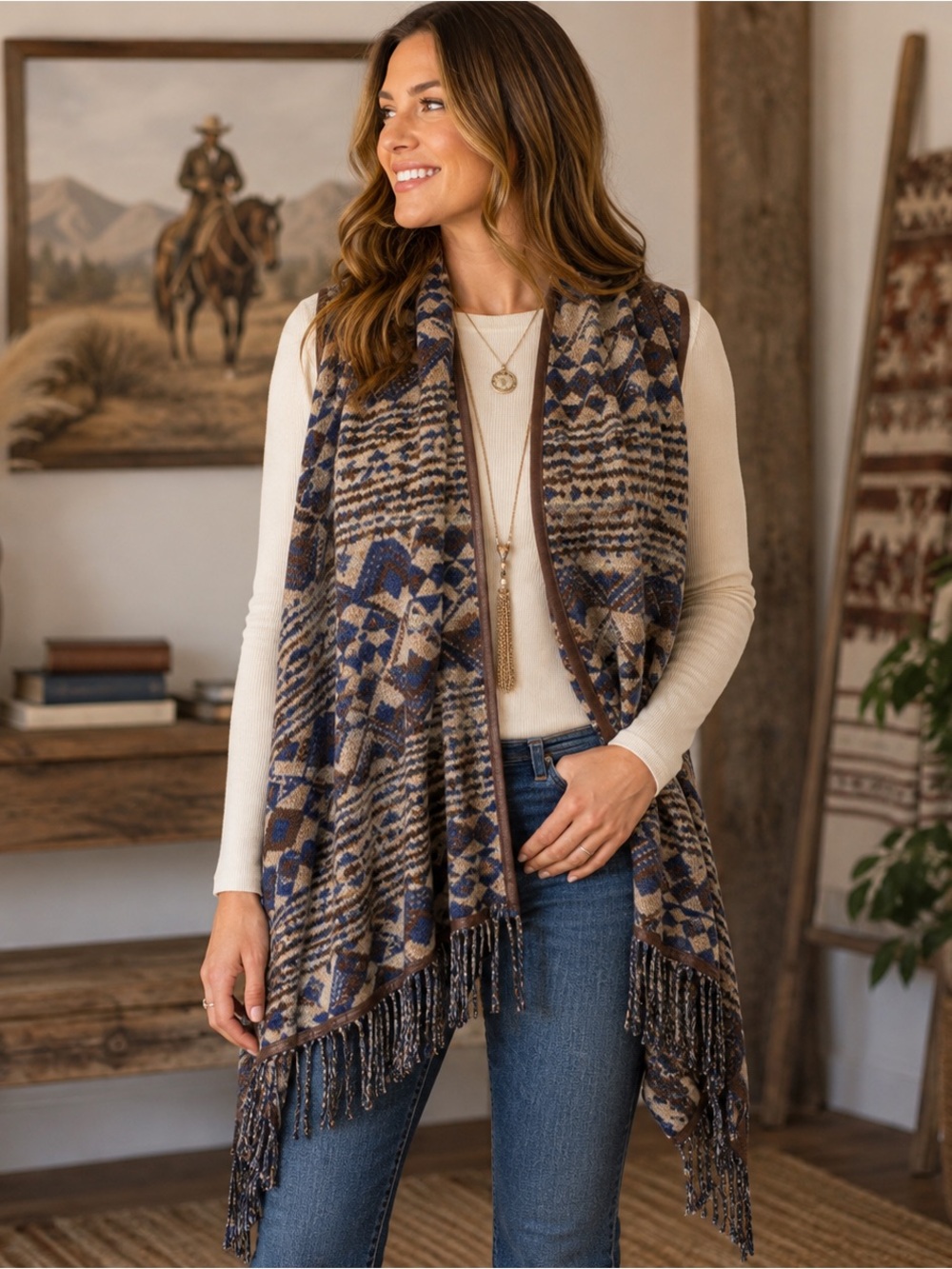 Bob Timberlake Wool Blend Fringe Vest Women’s M Blue Brown Southwestern Duster